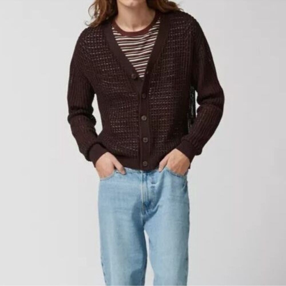 BDG Men Brown Open Knit Button Front Cardigan Sweater Recycled Cotton Small‎